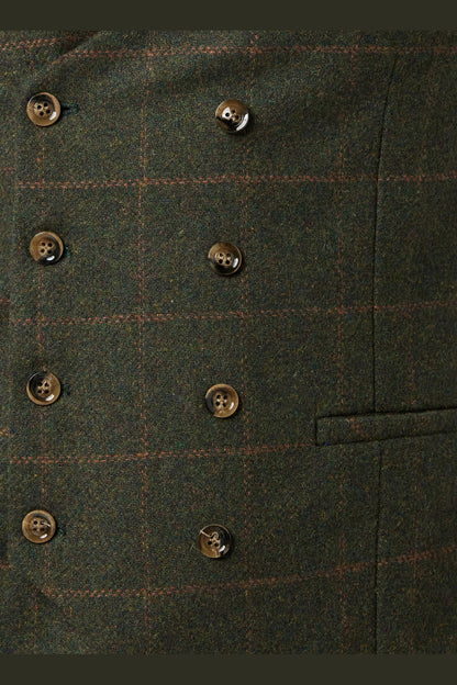 JUDE TWEED CHECK DOUBLE BREASTED GREEN WAISTCOAT