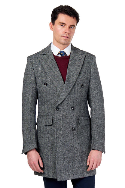 KEPLER – Grey Double Breasted Wool Rich Herringbone Coat
