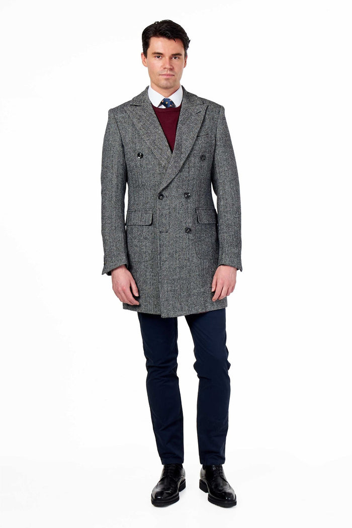 KEPLER – Grey Double Breasted Wool Rich Herringbone Coat