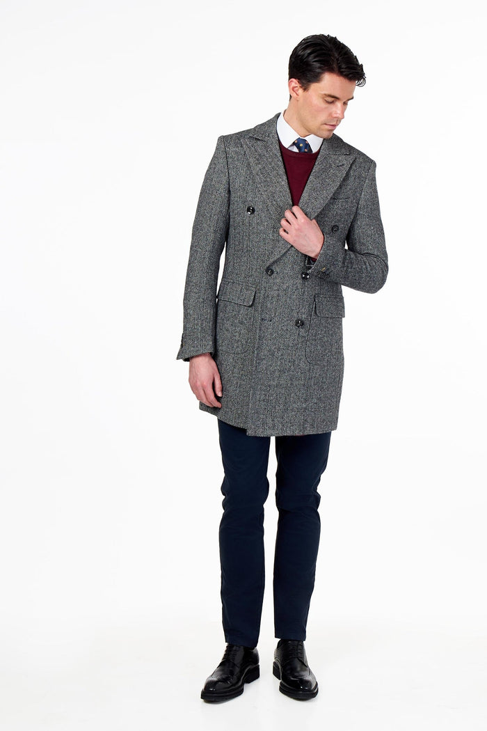 KEPLER – Grey Double Breasted Wool Rich Herringbone Coat