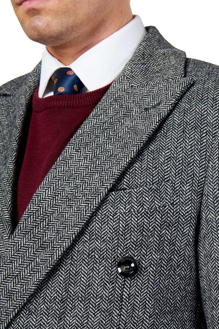 KEPLER – Grey Double Breasted Wool Rich Herringbone Coat