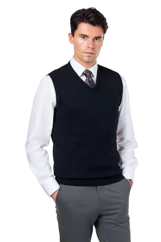 KNITTED COTTON BLACK SLEEVELESS JUMPER V-NECK VEST