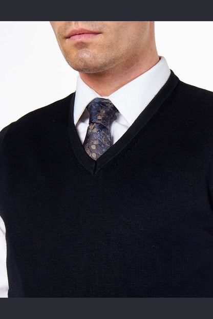 KNITTED COTTON BLACK SLEEVELESS JUMPER V-NECK VEST