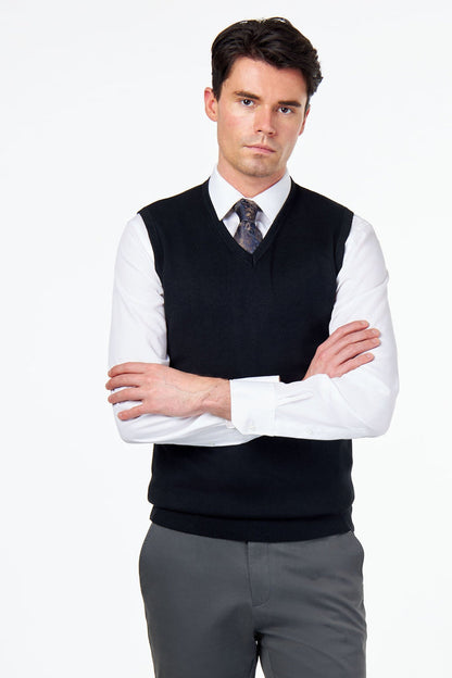 KNITTED COTTON BLACK SLEEVELESS JUMPER V-NECK VEST