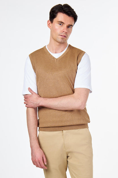 KNITTED COTTON CAMEL SLEEVELESS JUMPER V-NECK VEST