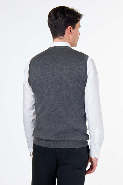 KNITTED COTTON CHARCOAL SLEEVELESS JUMPER V-NECK VEST