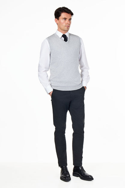 KNITTED COTTON GREY SLEEVELESS JUMPER V-NECK VEST