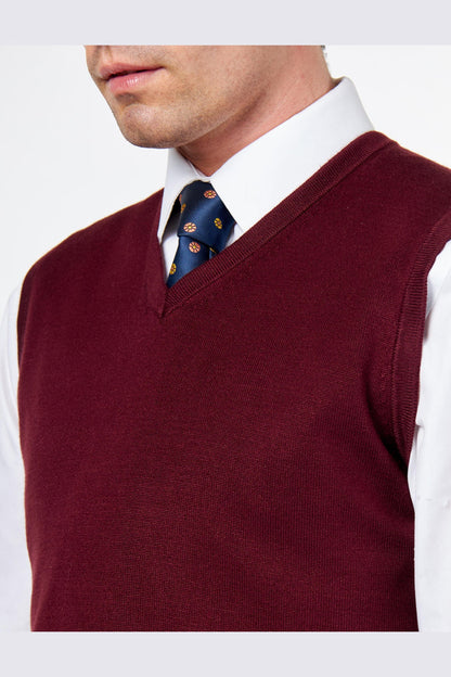 KNITTED COTTON MAROON SLEEVELESS JUMPER V-NECK VEST