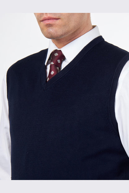 KNITTED COTTON NAVY SLEEVELESS JUMPER V-NECK VEST