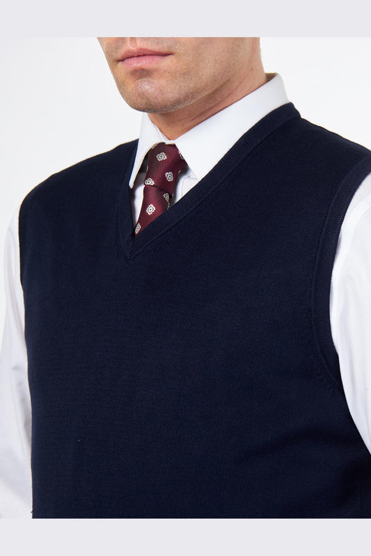 KNITTED COTTON NAVY SLEEVELESS JUMPER V-NECK VEST