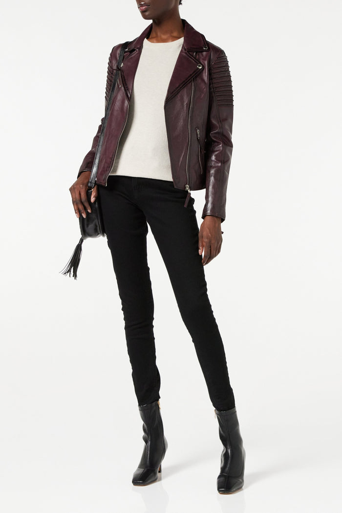 Ladies Retro Leather Biker Jacket in Burgundy