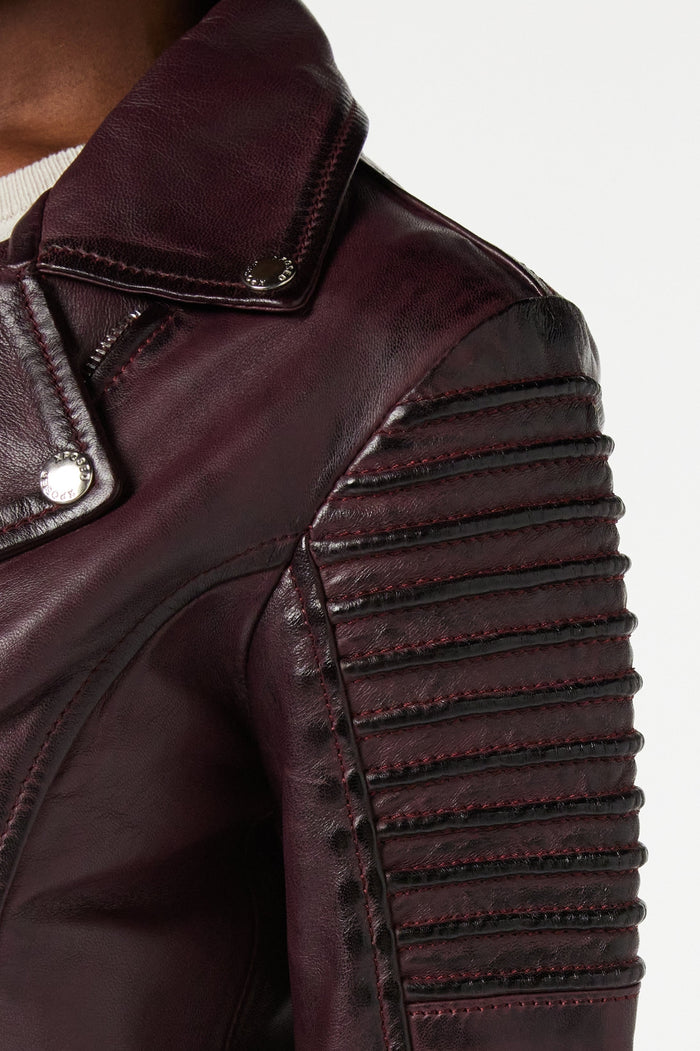 Ladies Retro Leather Biker Jacket in Burgundy