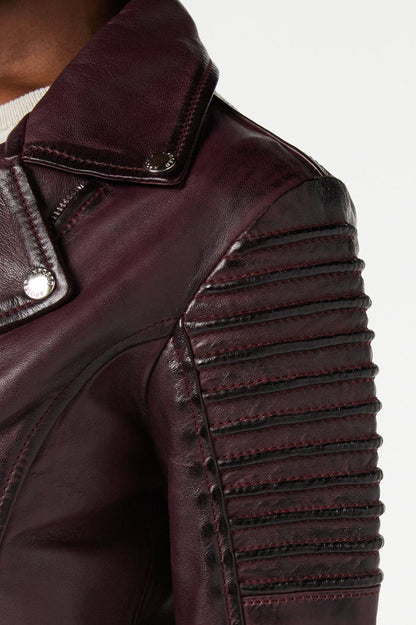 Ladies Retro Leather Biker Jacket in Burgundy