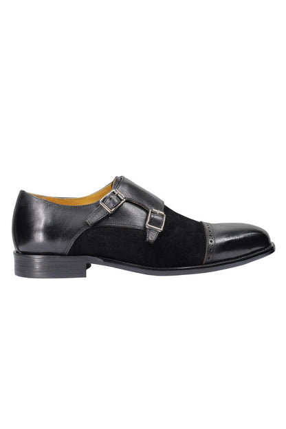 Leather & Suede Black Double Monk Shoes