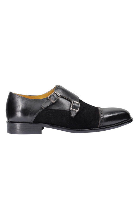 Leather & Suede Black Double Monk Shoes