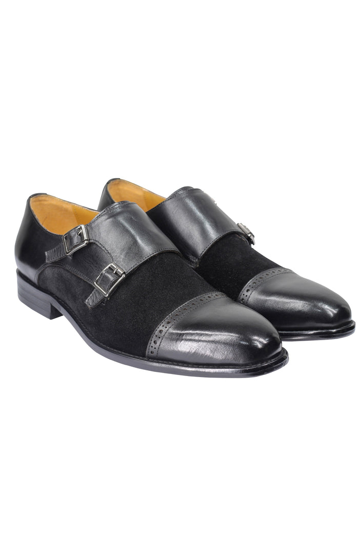 Leather & Suede Black Double Monk Shoes