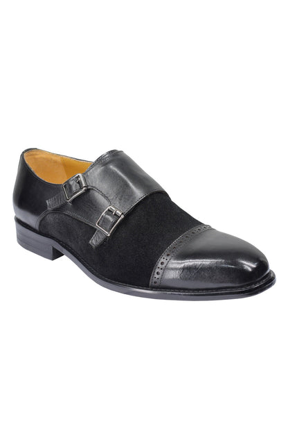Leather & Suede Black Double Monk Shoes
