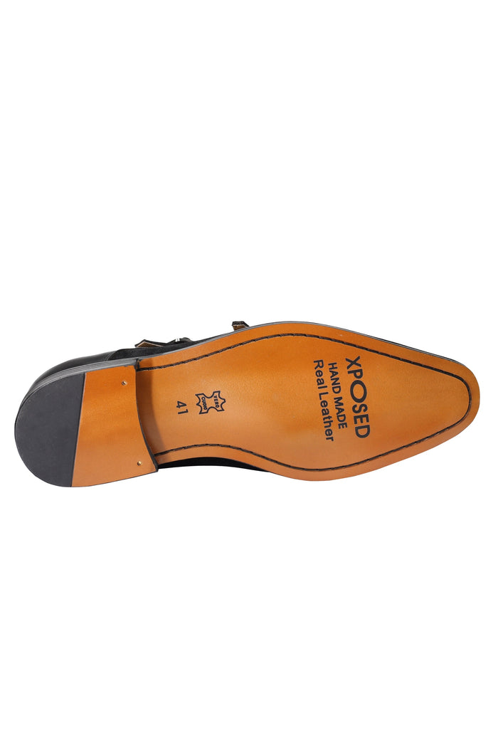 Leather & Suede Black Double Monk Shoes