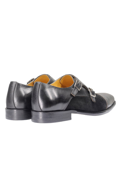 Leather & Suede Black Double Monk Shoes