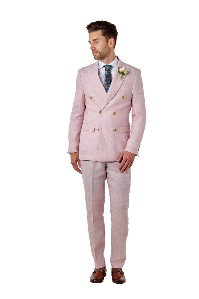 Tailored Fit Double Breasted Pink Linen Suit