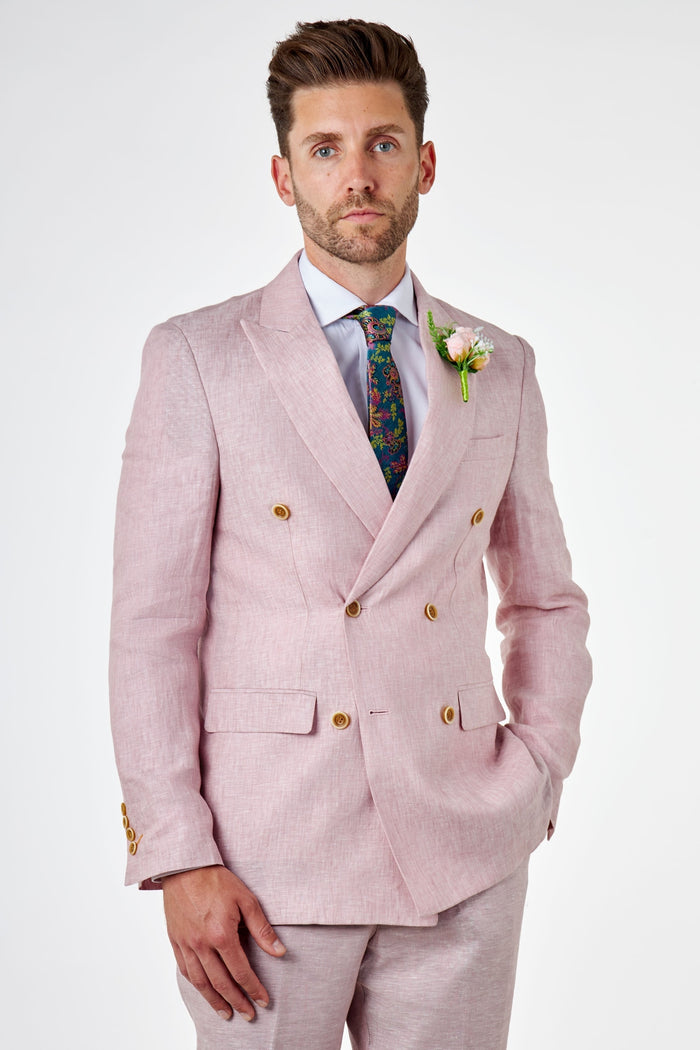 Tailored Fit Double Breasted Pink Linen Suit