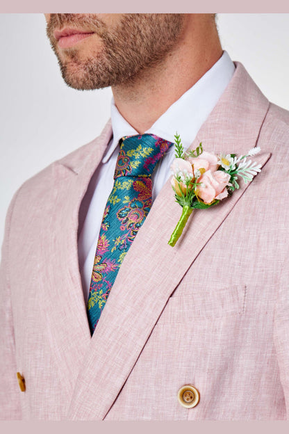Tailored Fit Double Breasted Pink Linen Suit