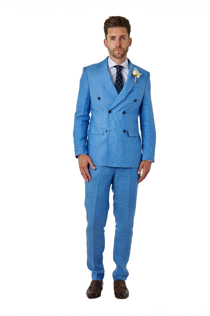 Tailored Fit Double Breasted Pure Linen Light Blue Summer Suit