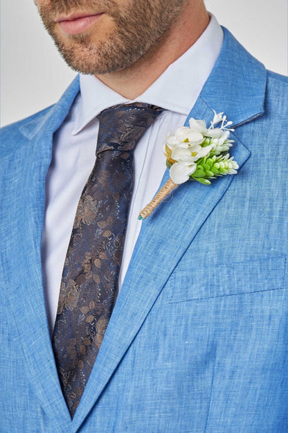 Tailored Fit Double Breasted Pure Linen Light Blue Summer Suit
