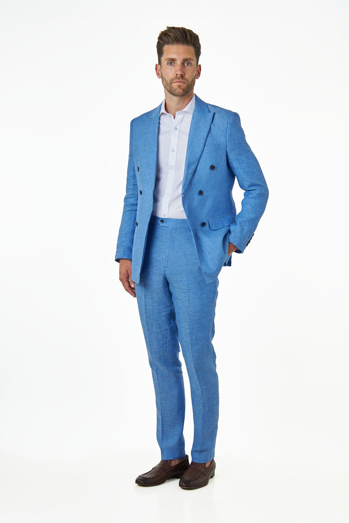 Tailored Fit Double Breasted Pure Linen Light Blue Summer Suit