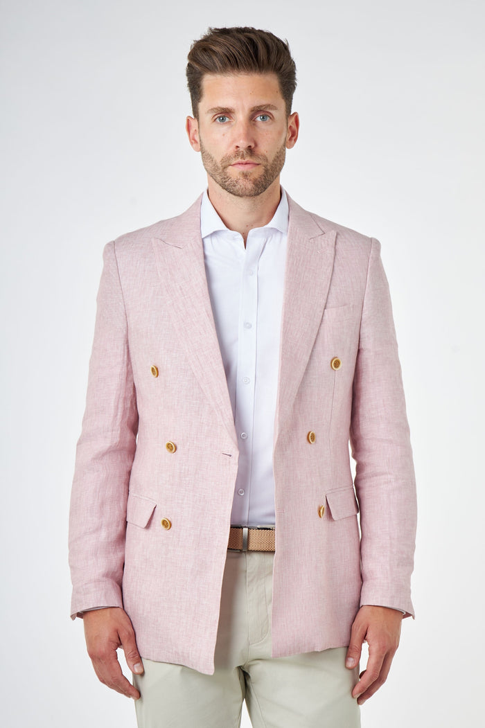 LEWIS - Tailored Fit Pink Linen Double Breasted Suit Jacket