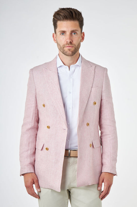 LEWIS - Tailored Fit Pink Linen Double Breasted Suit Jacket