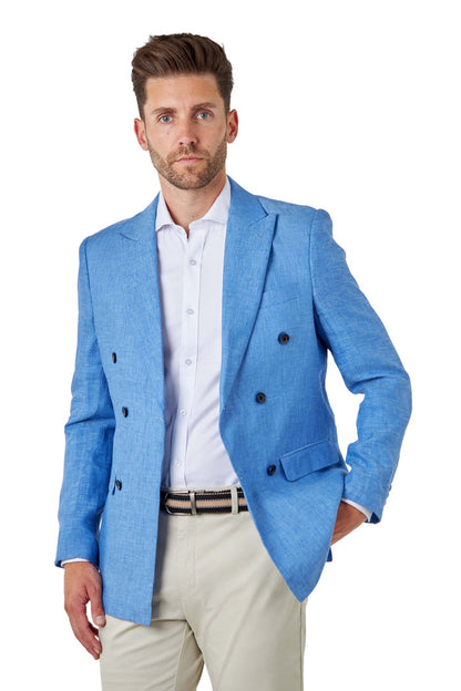 LEWIS - Tailored Fit Sky Blue Linen Double Breasted Suit Jacket