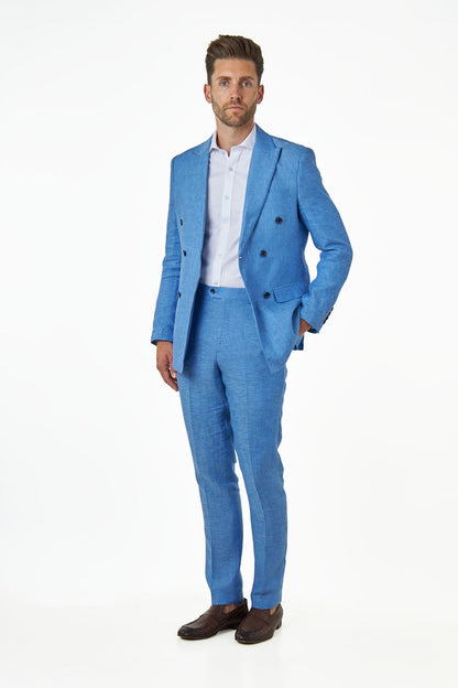 LEWIS - Tailored Fit Sky Blue Linen Double Breasted Suit Jacket