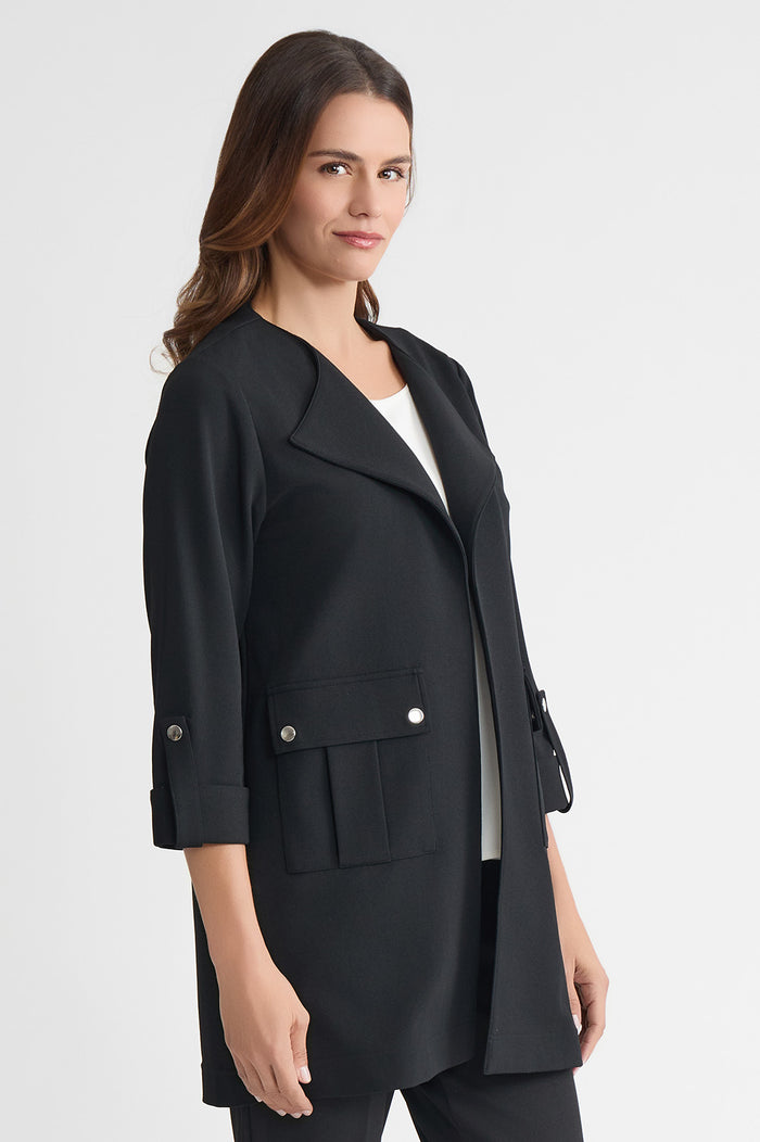 Heritage Lightweight Stretch Deco Crepe Wing Collar Jacket, Black, Black | Ming Wang