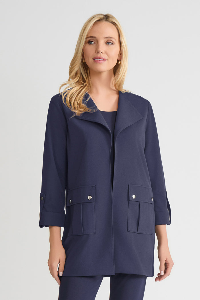 Heritage Lightweight Stretch Deco Crepe Wing Collar Jacket, Indigo, Indigo | Ming Wang