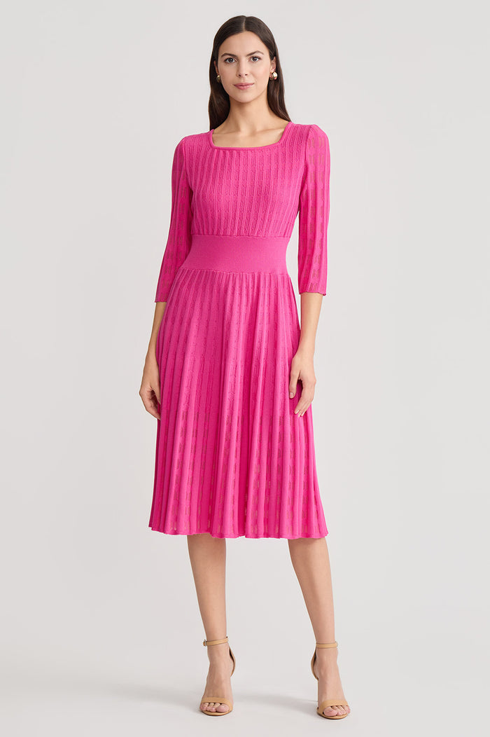 Linear Pointelle Tonal Knit Fit-N-Flare Midi Dress, Carmine Rose, Carmine Rose | Ming Wang
