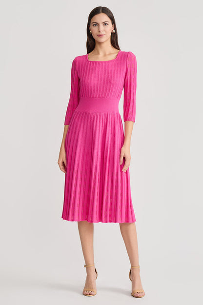 Linear Pointelle Tonal Knit Fit-N-Flare Midi Dress, Carmine Rose, Carmine Rose | Ming Wang