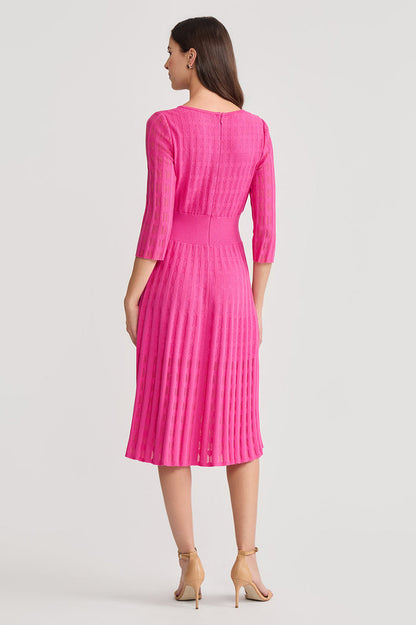 Linear Pointelle Tonal Knit Fit-N-Flare Midi Dress, Carmine Rose, Carmine Rose | Ming Wang