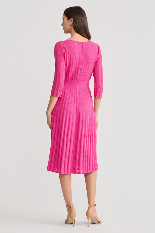 Linear Pointelle Tonal Knit Fit-N-Flare Midi Dress, Carmine Rose, Carmine Rose | Ming Wang