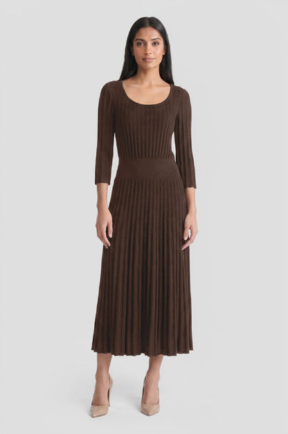 Linear Pointelle Tonal Knit Fit-N-Flare Midi Dress, Dark Umber, Dark Umber | Ming Wang