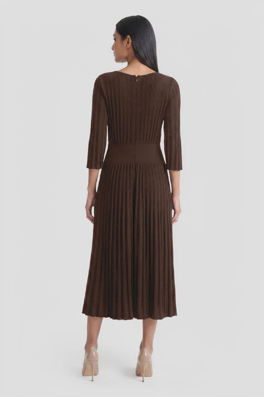 Linear Pointelle Tonal Knit Fit-N-Flare Midi Dress, Dark Umber, Dark Umber | Ming Wang