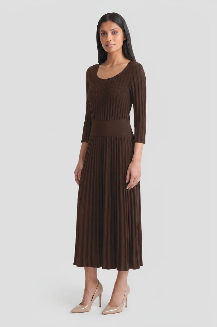 Linear Pointelle Tonal Knit Fit-N-Flare Midi Dress, Dark Umber, Dark Umber | Ming Wang