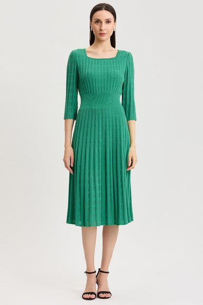 Linear Pointelle Tonal Knit Fit-N-Flare Midi Dress, Kelly Green, Kelly Green | Ming Wang