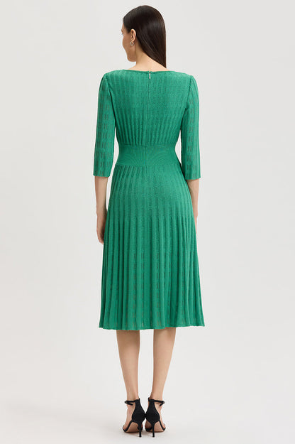 Linear Pointelle Tonal Knit Fit-N-Flare Midi Dress, Kelly Green, Kelly Green | Ming Wang