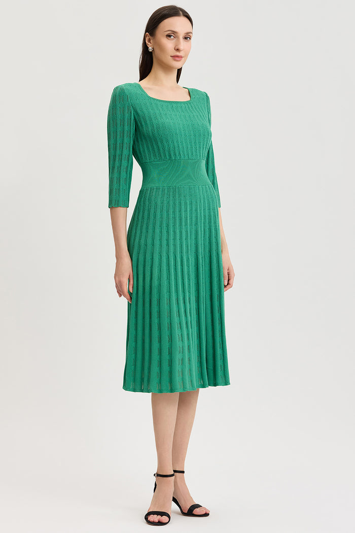 Linear Pointelle Tonal Knit Fit-N-Flare Midi Dress, Kelly Green, Kelly Green | Ming Wang