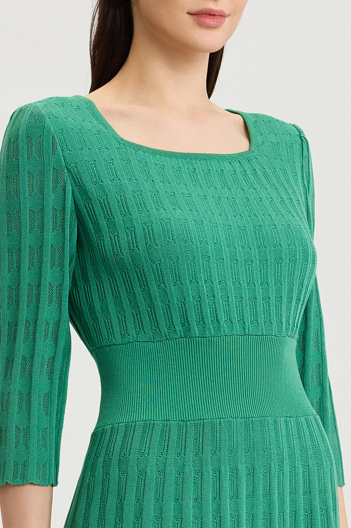 Linear Pointelle Tonal Knit Fit-N-Flare Midi Dress, Kelly Green, Kelly Green | Ming Wang