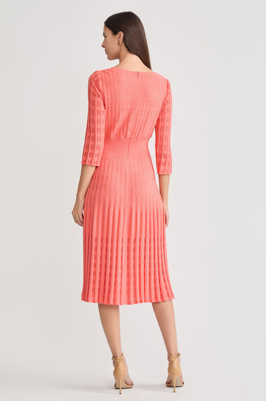 Linear Pointelle Tonal Knit Fit-N-Flare Midi Dress, Sunkist Coral | Ming Wang