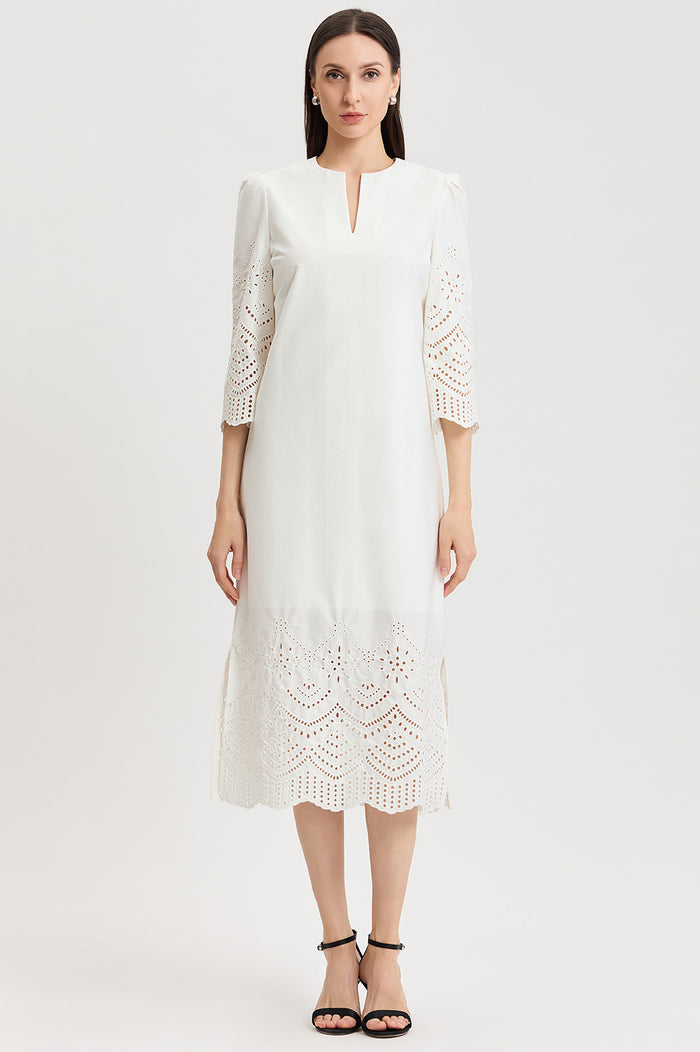 Lined Eyelet Straight Cotton Maxi Dress, White | Ming Wang
