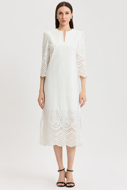 Lined Eyelet Straight Cotton Maxi Dress, White | Ming Wang
