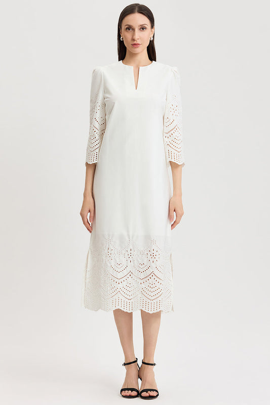 Lined Eyelet Straight Cotton Maxi Dress, White | Ming Wang